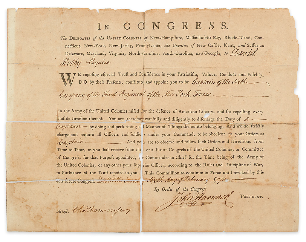 (AMERICAN REVOLUTION.) HANCOCK, JOHN. Partly-printed Document Signed, as President of the Continental Congress,
